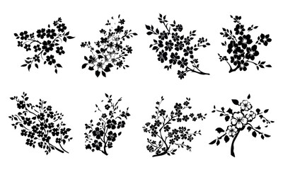 Wall Mural - Sakura flowers on branches with leaves, Asian ornament for stencil. Black outline on a transparent background with isolated elements. Vector set.