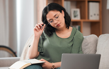 Poster - Woman, student and laptop, notebook and thinking or studying and planning schedule for work from home. Person with journal ideas for online education, e learning and knowledge on sofa and computer