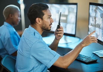 Sticker - Control room, safety and security guard with a radio and computer screen for surveillance. Man and woman team together for crime investigation, cctv monitor and communication with a walkie talkie