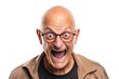 Bald senior man with a funny face expression fooling around. Isolated on white. Emotions. High quality photo | Generative AI