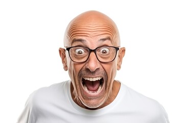 Bald senior man with a funny face expression fooling around. Isolated on white. Emotions. High quality photo | Generative AI