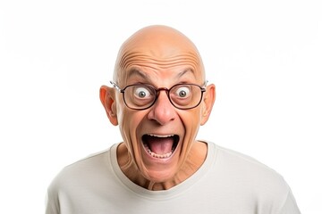 Bald senior man with a funny face expression fooling around. Isolated on white. Emotions. High quality photo | Generative AI