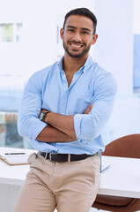 Business man, arms crossed and confident in portrait, success and professional mindset in workplace. Happy male employee at office, career mission and corporate job with empowerment and positivity