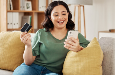 phone, credit card and woman on sofa with online shopping and banking at home. ecommerce, mobile cas
