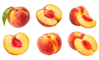 Wall Mural - Set of ripe peaches: cut and whole, isolated on a transparent background.