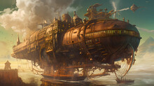 A Whimsical Steampunk Airship Soaring Through The Skies, Gears And Cogs Turning In Its Metallic Body, A Crew Of Adventurers Aboard, Exploring Uncharted Territories, Illustration, Digital Art With Intr