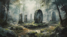 An Ancient And Mysterious Stone Circle In The Heart Of A Dense Forest, Surrounded By Tall Trees And Enigmatic Symbols Etched Into The Rocks, A Sense Of Magic And Forgotten History Lingers In The Atmos
