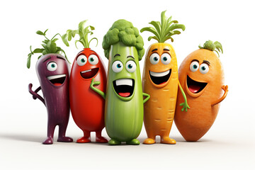 Cute vegetables character animated, cartoon style, animated expressions, quirky expressions, playful expressions, white background