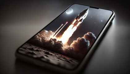 Wall Mural - rocket on a background of the sky in the phone. Generative AI