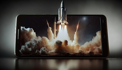 Wall Mural - rocket on a background of the sky in the phone. Generative AI