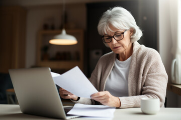 middle aged senior woman sit with laptop and paper document. pensive older mature lady reading paper