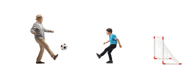 Wall Mural - Boy and grandfather playing football