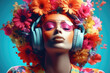 canvas print picture - Ein strahlendes Porträt einer jungen Frau, umgeben von leuchtenden Farben. Sie trägt Kopfhörer, eine Sonnenbrille und ihr Haar ist reich mit Blumen geschmückt.