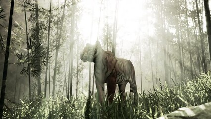 with the sun shining down on a bamboo forest, a mammoth bengal tiger hunts for its next meal