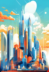 Sticker - Beautiful futuristic cityscape. City of the future with skyscrapers at sunset 