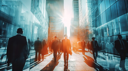 Wall Mural - Lots of business people walking in City. Beautiful morning sun light reflects in skyscrapers walls. 