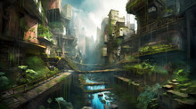 A Futuristic Cityscape Where Nature Has Reclaimed Urban Structures, Skyscrapers Entwined With Lush Vegetation And Waterfalls Cascading Down, Showcasing The Harmony Of Nature And Technology, Artwork, M