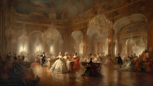 A Grand And Opulent Ballroom In A Majestic Castle, Adorned With Chandeliers And Intricate Ceiling Frescoes, Elegant Dancers Waltzing Gracefully To The Music, And Nobles In Exquisite Attire Socializing