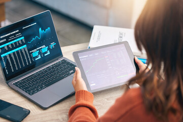 Poster - Woman with laptop, tablet and stock market, information and research in business management for data analysis trading. Technology, dashboard with graphs and charts, trader at desk in office with app