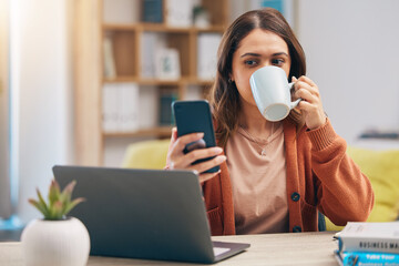 Poster - Remote work from home, coffee and woman with smartphone, message and research for a project. Female person, freelancer or entrepreneur with a tea, espresso and cellphone with network and social media