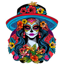 Catrina Is Symbol Of Day Of The Dead. Sugar Skull With Hat And Flowers. Vector Illustration.