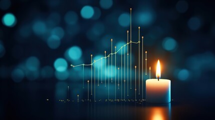 Poster - Business candle stick graph chart of stock market investment trading on blue background. Bullish point, up trend of graph with generative ai