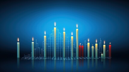 Canvas Print - Business candle stick graph chart of stock market investment trading on blue background. Bullish point, up trend of graph, with generative ai