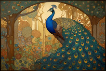 Decorative Art Nouveau Illustration Of A Peacock In Profile In An Ornate Floral Forest Background