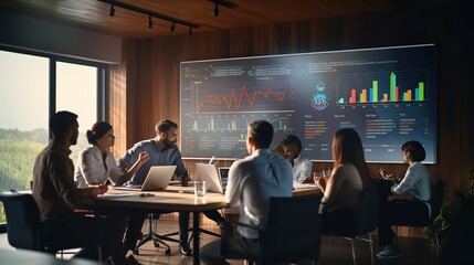 Poster - Business team collaboration discussing working analyzing with financial data and marketing growth report graph in team, presentation and brainstorming to strategy planning making with generative ai 