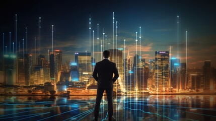 Wall Mural - Businessman touch growth graph and progress of business and analyzing financial and investment data ,business planning and strategy on city with generative ai