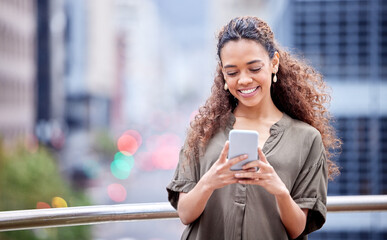 Phone, happy and business woman in city for social media, networking or communication. Technology, connection and internet with female employee browsing online in outdoor for contact and mockup space