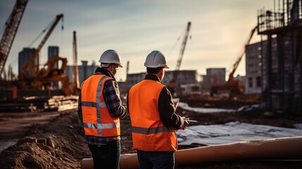 Sticker - portrait of a civil engineer or architect working with blueprint at a construction site,  workers wearing safety helmets