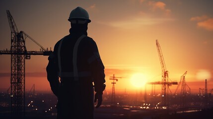 Wall Mural - Silhouette engineer standing orders for construction crews to work on high ground heavy industry and safety concept over blurred nature background sunset  With generative ai