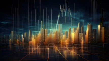 Poster - Business growth currency stock and investment economy, Futuristic arrow chart digital transformation abstract technology Indicator financial with buildings background, generative ai