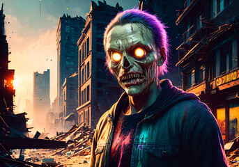 Wall Mural - Scary zombie man on the background of the city, zombie Apocalypse. Halloween concept. Generative AI