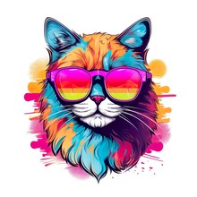 Cartoon Colorful Cat In Sunglasses On A White Background