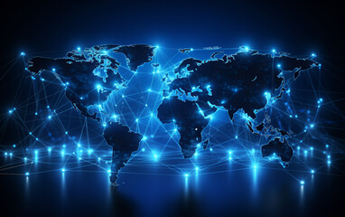 digital world map hologram blue background