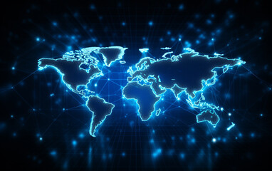digital world map hologram blue background