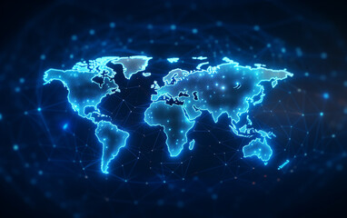 Digital world map hologram blue background