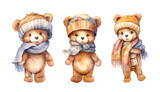 Fototapeta Koty - Watercolor illustration of three plush teddy bears in warm hats and scarfs on a white background , generative AI