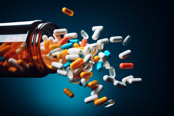 prescription opioids, with bottle of many pills falling on dark blue background. concepts of addicti