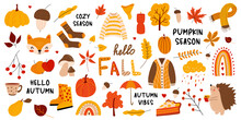 Large Vector Fall Set. Autumn Season. Leaves, Acorns, Sweater, Scarf, Pumpkins, Candle, Hedgehog, Pie, Rainbow, Lettering. Collection Of Fall Elements For Scrapbooking. Hand Drawn Style. 