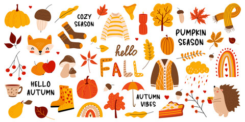 Large vector fall set. Autumn season. Leaves, acorns, sweater, scarf, pumpkins, candle, hedgehog, pie, rainbow, lettering. Collection of fall elements for scrapbooking. Hand drawn style. 