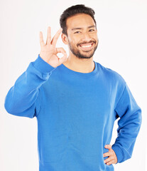 Poster - Okay hands, portrait and asian man in studio, isolated white background and vote of good review. Male model, smile and ok for success, agreement and icon for support, yes emoji and thank you sign
