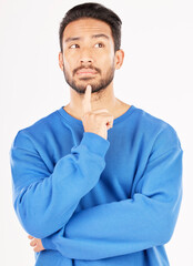 Aufkleber - Asian man, thinking face and ideas in studio, white background and vision of mindset, planning future and question why. Curious male model daydream of decision, remember memory and solution of choice