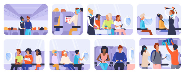 Passengers travel by plane vector illustration, featuring isolated cartoon scenes of people seated inside an airplane cabin, with the stewardess and crew offering service and airline instructions.