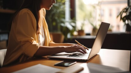 Young woman, girl student using laptop elearning or remote working at home office using laptop. Generative AI