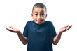 Portrait, cute and boy with doubt, shrug and decision isolated against a transparent background. Face, male child and young person thinking, confused and kid with a choice, png or question with emoji