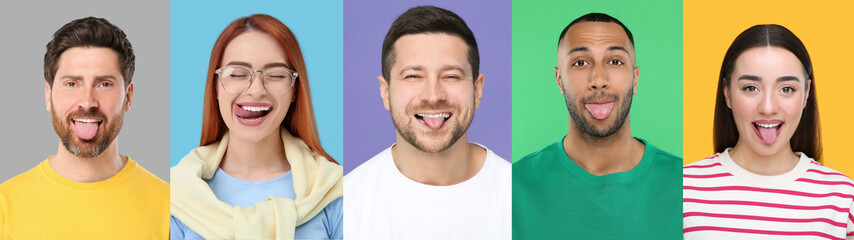 Poster - Collage with photos of people showing their tongues on different color backgrounds