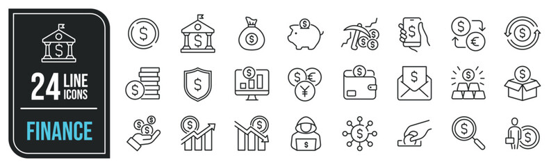 Finance minimal thin line icons. Related money, coi, piggy bank, currency, investment. Editable stroke. Vector illustration.